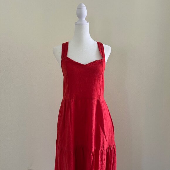 Linen Dress Cross Back Tiered Red Midi Pockets Sweetheart Neck Boho Beach Resort - Picture 1 of 7